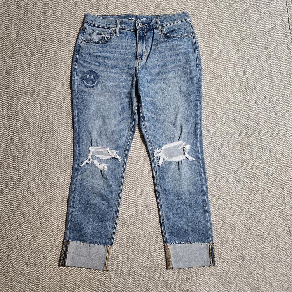 Old Navy Mid-Rise Boyfriend Denim Womens Jeans Size 6 Smiley Face